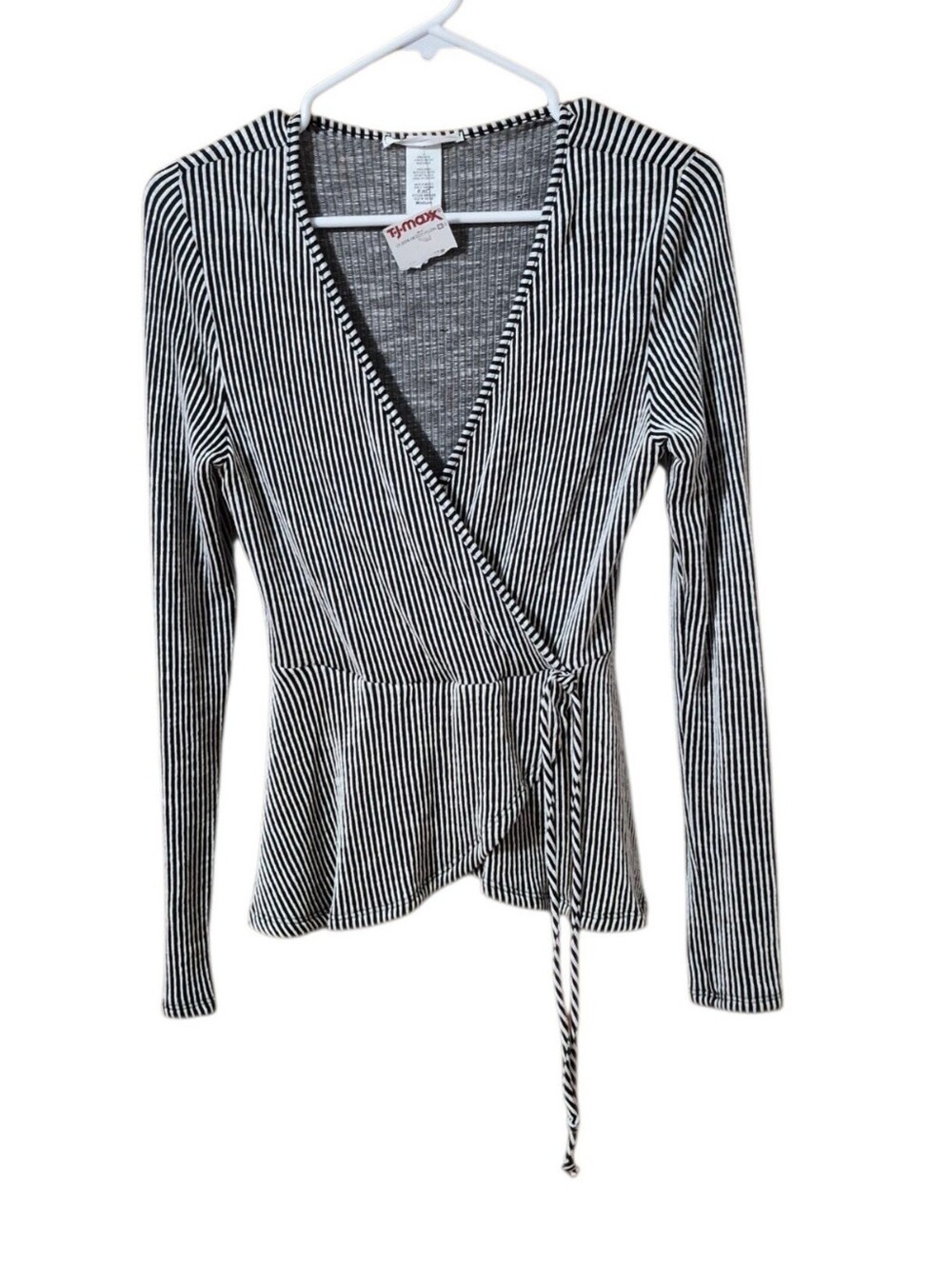 Caution To The Wind Black & White Striped Wrap Peplum Waist Blouse NWT Med